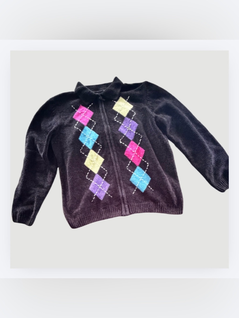 JC Penney Black Zip-Front Sweater Cardigan with Multicolor Argyle 1990s Size L